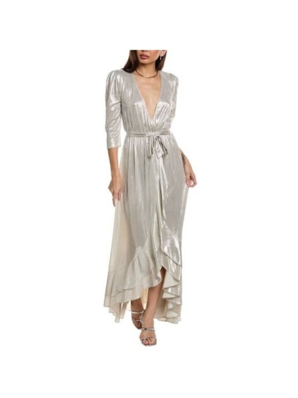 Retrofete Flora Metallic Jersey Midi Wrap Dress XS NEW Champagne Silver Beige